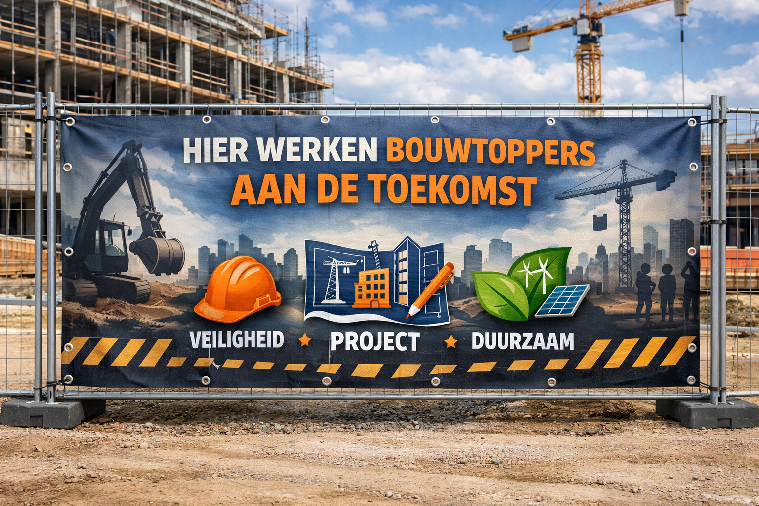 Bedrukt bouwhekdoek op een bouwplaats