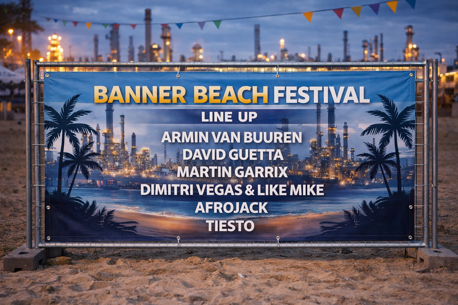 Groot spandoek met line-up voor een beachfestival